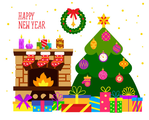 圣诞贺卡树礼物文字平面矢量图片下载