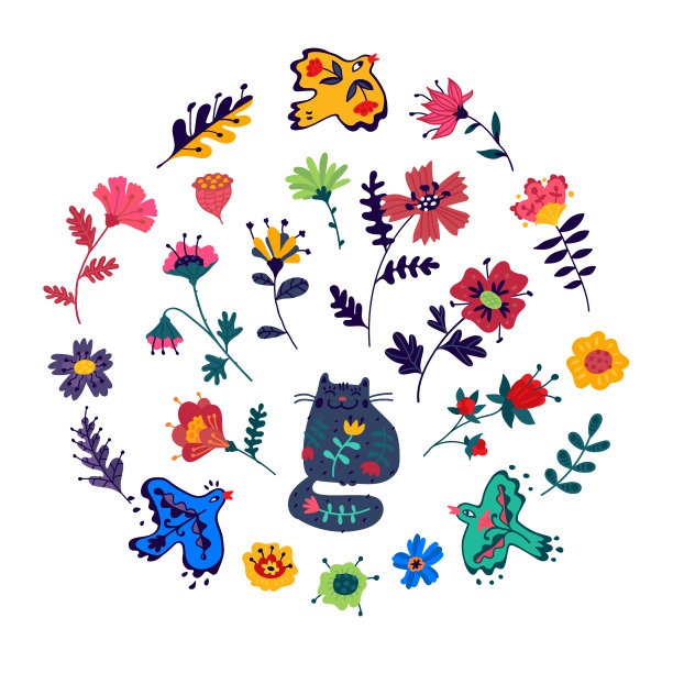 装饰元素。向量。可爱的小猫，小鸟和美丽的花朵。涂鸦平面风格。包装和织物的图案。在白色背景上单独绘制。图片下载