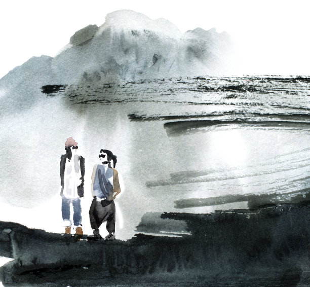 水彩画抽象的风景和人图片下载