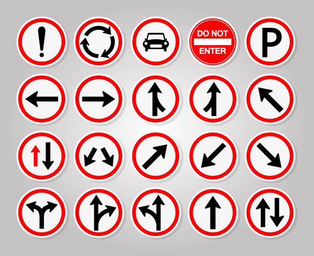设置交通标志，禁止，警告红色圆圈符号标志孤立在白色背景，矢量插图图片下载