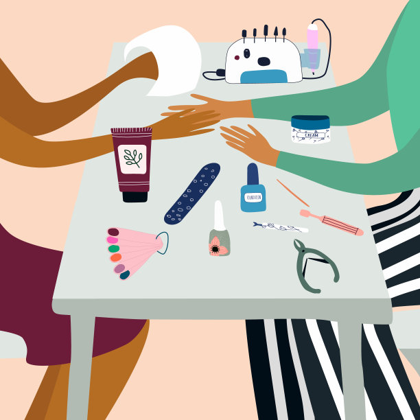 美甲师或女孩的手进行美甲和她的客户周围的工具和化妆品指甲护理。美容院。矢量插图在平面卡通风格图片下载