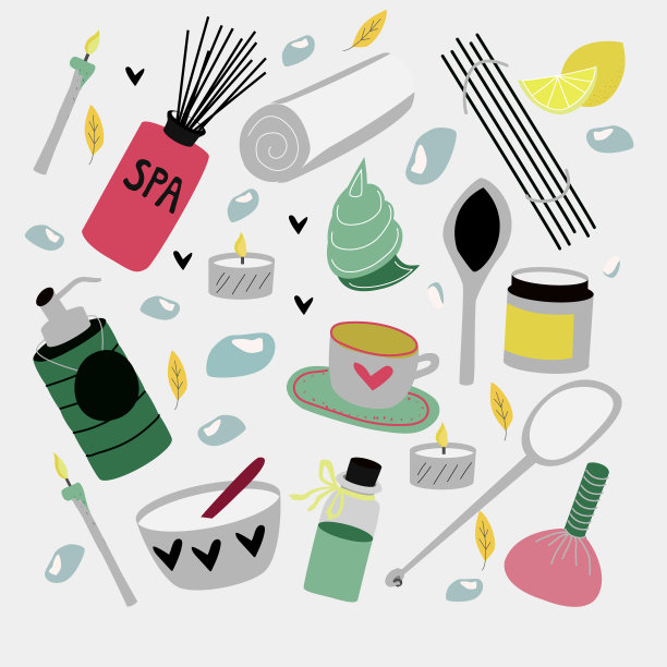 涂鸦一套手绘水疗元素的芳香疗法，身体护理，美容沙龙，健康中心，放松，健康，泰式按摩，冥想。美丽的集合。五彩缤纷的矢量插图。图片下载