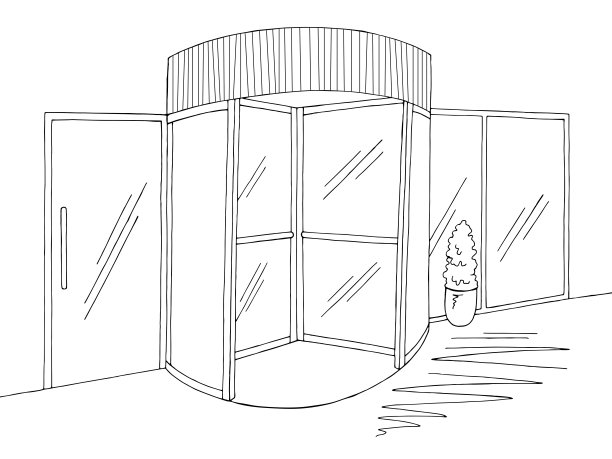 商场进入旋转门建筑外部图形黑白草图插图矢量图片下载