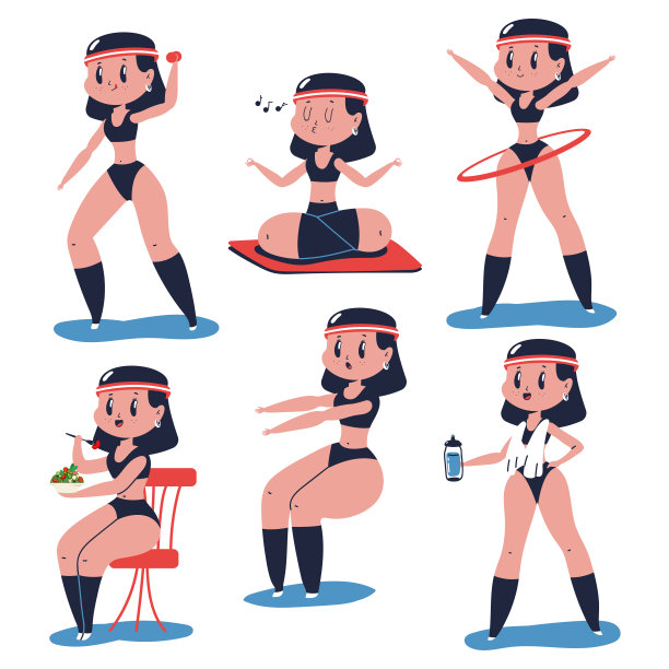 女子做健身运动矢量卡通人物设置孤立的白色背景。图片下载