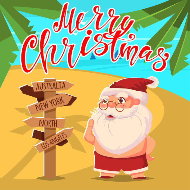 夏季海滩短裤圣诞老人与木制旅行标志矢量卡通人物插画，手绘圣诞快乐文字图片下载