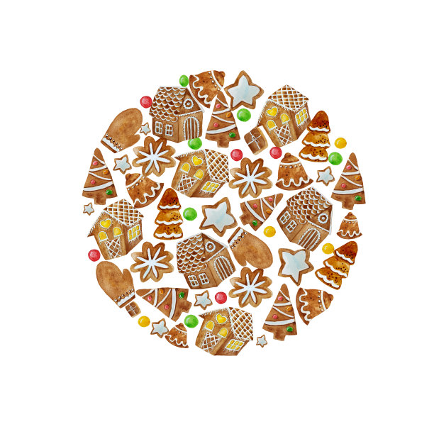 水彩形状的圆形姜饼饼干。圣诞姜饼排成圆圈组成。图片下载