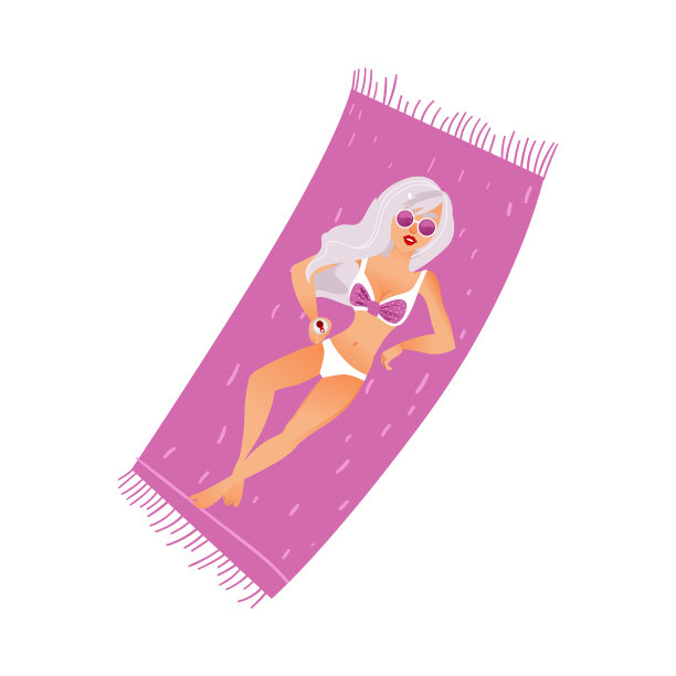 漂亮的女孩在比基尼和太阳眼镜日光浴躺在沙滩毛巾。图片下载