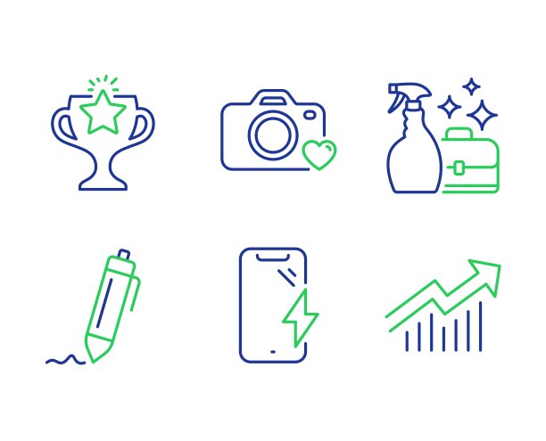 胜利，照片相机和签名图标集。洁面喷雾，智能手机充电和需求曲线标志。向量图片下载