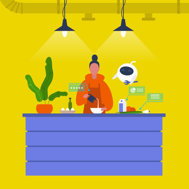 厨房。年轻女性首席厨师在柜台和一个机器人一起做饭。新技术。家里的助理。咖啡馆。阁楼内。现代的生活方式。平面可编辑矢量插图图片下载