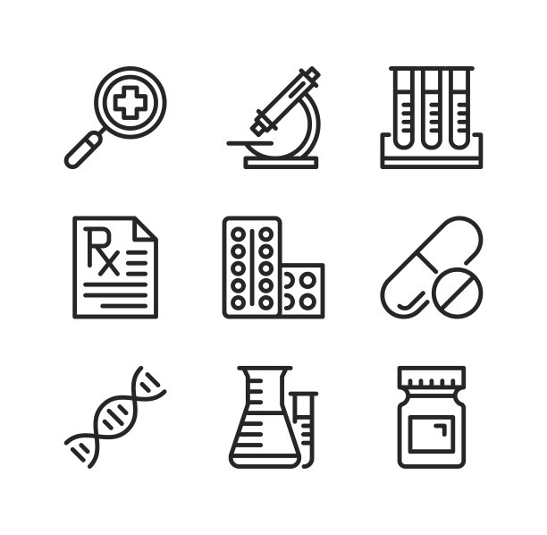 药房矢量线图标。处方药，药物化学概念。简单的轮廓符号，现代线性图形元素的集合。优质的质量。矢量细线图标集图片下载