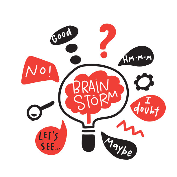 头脑风暴。有趣的手绘插图的头脑风暴过程。大脑在灯里。向量。图片下载