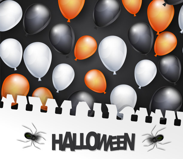 万圣节海报设计与黑色，白色，和橙色的气球和一张撕下来的笔记本纸上的蜘蛛。矢量插图。图片下载