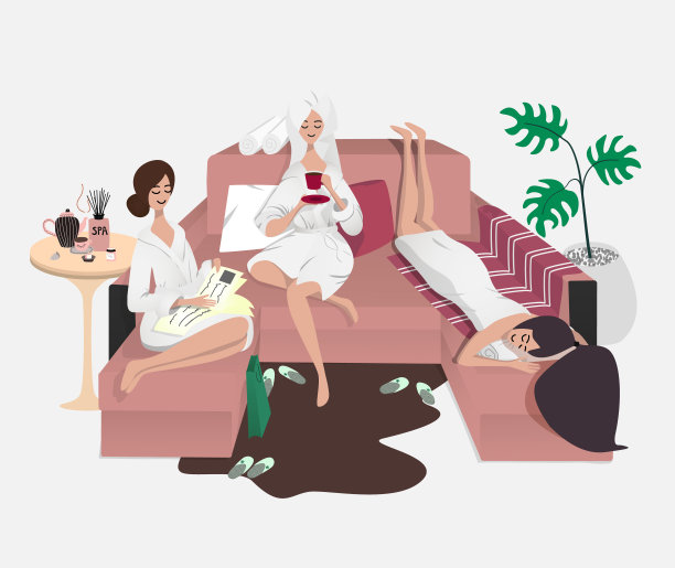 三个年轻女孩或妇女放松水疗程序:芳香疗法，蜂蜜疗法，身体护理，泰式按摩，冥想。美容院，健康中心海报，横幅。矢量图图片下载