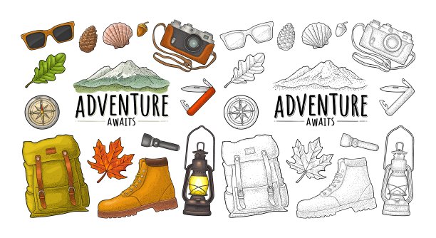 户外休闲旅游套装。向量的雕刻图片下载