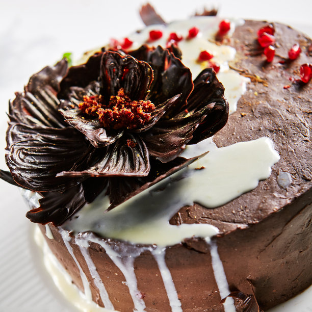 微距照片圆形整个巧克力蛋糕装饰与黑和白巧克力近距离。精致的服务棕色可可挞或布朗尼甜点在浅色模糊的背景图片下载
