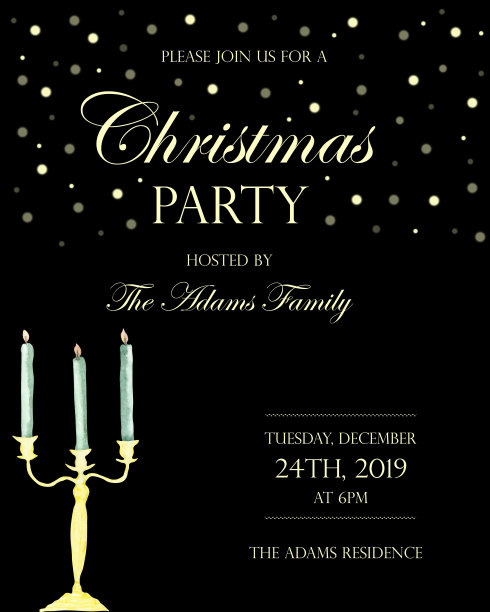 用水彩手绘的圣诞请柬，上面有金色的烛台和三支绿色的蜡烛，黑色的背景上有金色的文字和雪星，请柬的日期和地点。图片下载