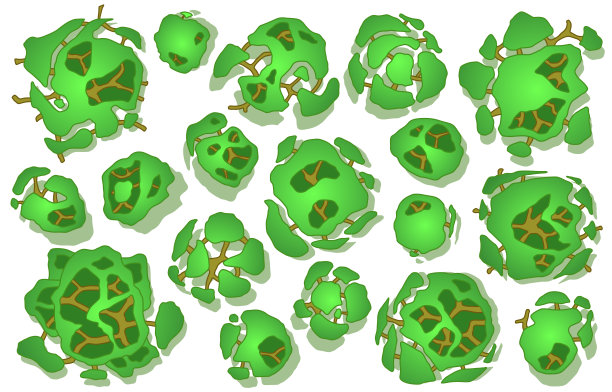 一组树在顶视图。不同图标的植物和树木的建筑或景观规划。从以上观点。图片下载