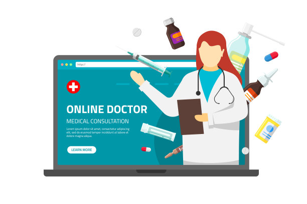 在线医疗咨询支持。医生、治疗师、药剂师、女性、听诊器、药片、药片、药物在笔记本电脑屏幕上。矢量插图药房咨询服务图片下载