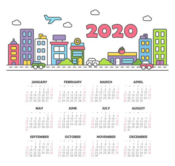 矢量日历2020年。周日开始一周图片下载