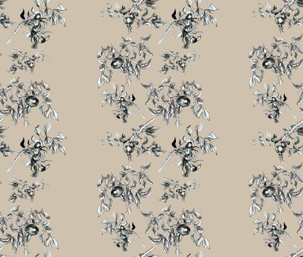 手绘水彩花卉图案与黑色和白色玫瑰在牛皮纸背景图片下载