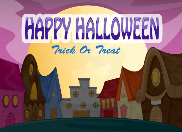 万圣节快乐-老房子与满月卡通矢量插图图片下载