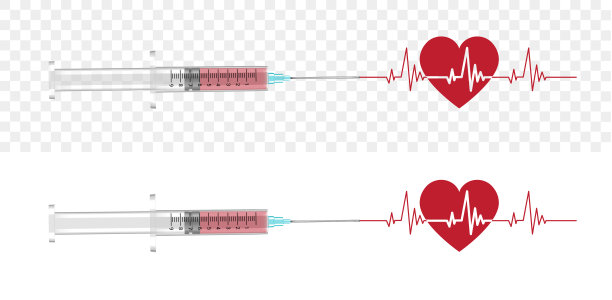 模拟真实透明注射器和心电图红心脏跳动线。血液图表在白色背景上显示紧急矢量。医疗保健和医疗概念设计插图。图片下载