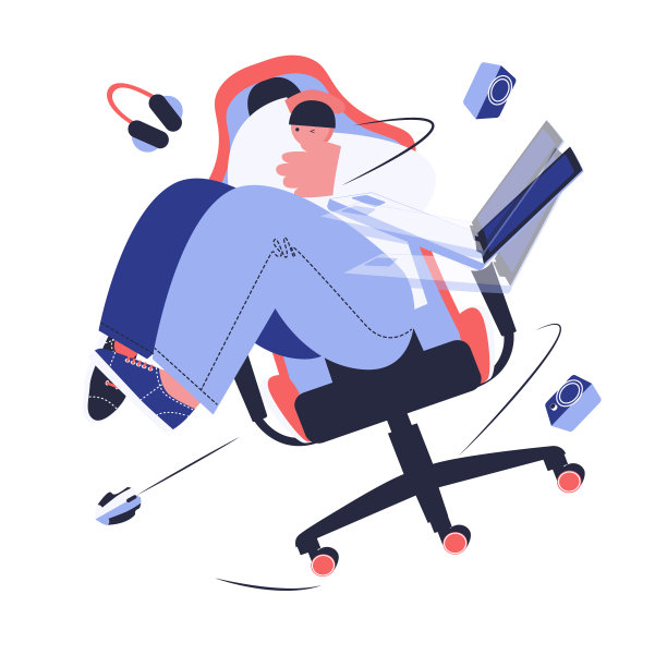 一个年轻人从电脑椅上摔了下来，掉了一台笔记本电脑。图片下载