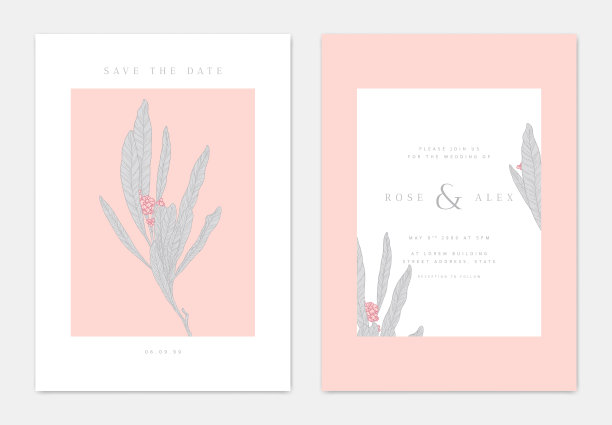 极简主义植物婚礼邀请卡设计，树叶浆果线条艺术水墨画，浅红色和白色图片下载