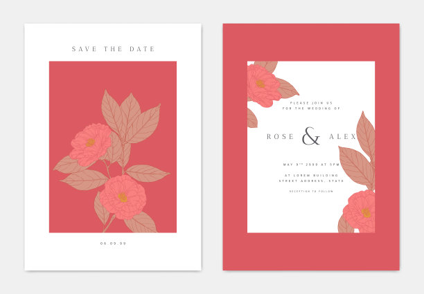 极简植物婚礼请柬模板设计，山茶花与叶线艺术水墨画，红白色调图片下载