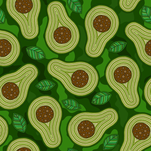 大的彩色牛油果在深色的背景无缝图案上的平坦颜色图片下载