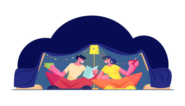 家庭时间。在孩子们自制的帐篷里坐在家里的暗室里看书，喝饮料。浪漫舒适的晚上业余卡通平面矢量插图图片下载