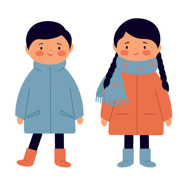一个小女孩和一个穿着暖和外套的男孩。孩子在秋天，冬天的衣服。哥哥和妹妹在散步。图片下载