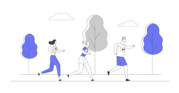 以自然景观为背景的多元化人群穿运动服跑城市马拉松。夏季户外运动活动。健康慢跑生活方式卡通平面矢量插图，线条艺术图片下载