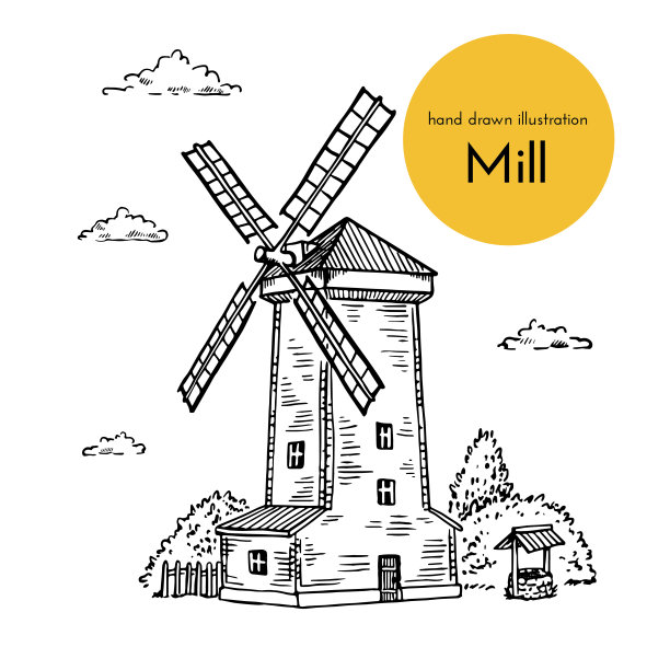 一套手绘的风车插图。为咖啡厅、餐厅、食品包装设计效果图。面包集合图片下载