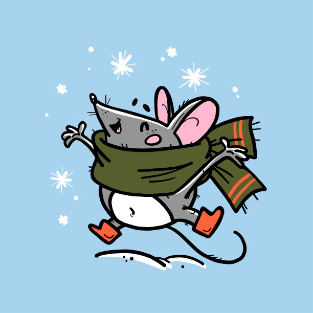 矢量插图的可爱的手绘制的鼠标字符在大围巾跳跃快乐孤立在下雪的背景。2020年的吉祥物。图片下载