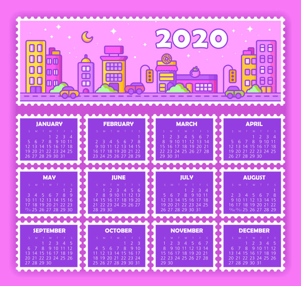 矢量日历2020年。周日开始一周图片下载