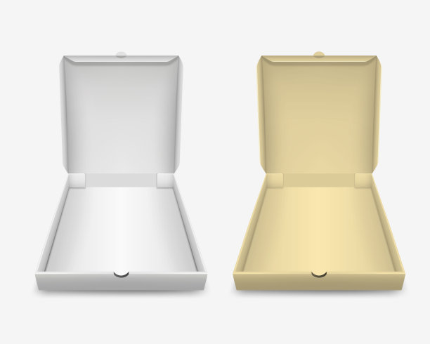 矢量3d现实空白白色和棕色打开披萨盒模板设置特写孤立在白色背景。标志，企业设计模型。俯视图或前视图图片下载