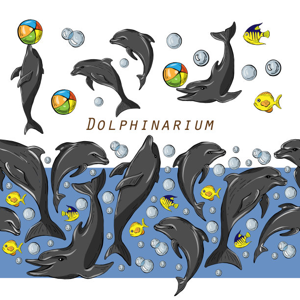 一组彩色海豚和鱼孤立在白色背景和无缝刷子与他们，矢量图片下载