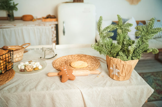 室内厨房静物细节。舒适的秋冬季的概念。漂亮的公寓厨房装饰圣诞节和新年特写和拷贝空间。乡村、农场风格的时尚公寓。DIY明亮纹理厨房图片下载