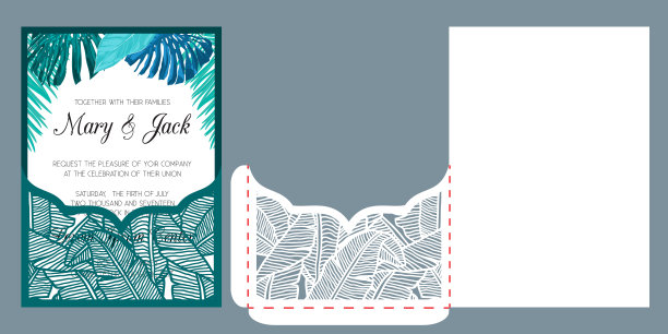 激光切割婚礼请柬口袋信封模板矢量。模切香蕉叶热带图案的纸卡。贺卡或邀请封面模板裁剪热带风格。图片下载