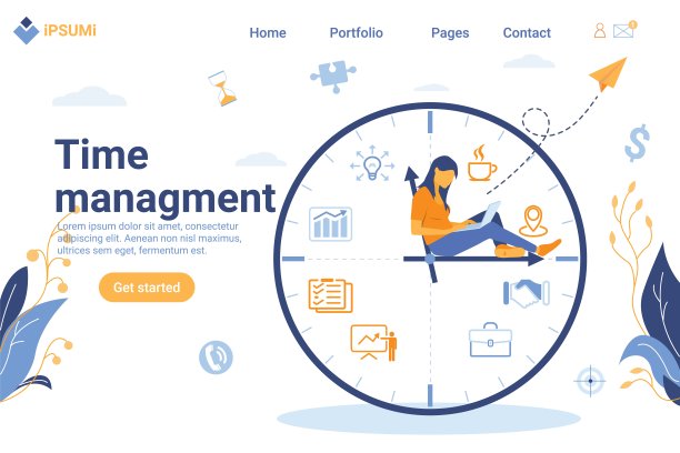 平面设计快乐的女人坐在箭头和工作在她的笔记本电脑业务流程，包括图标和信息图的背景。多任务处理，生产力和时间管理的概念。向量每股收益。图片下载