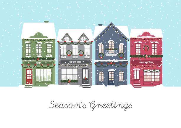 可爱的圣诞房子。冬天村庄。装修房子。季节的问候。向量图片下载