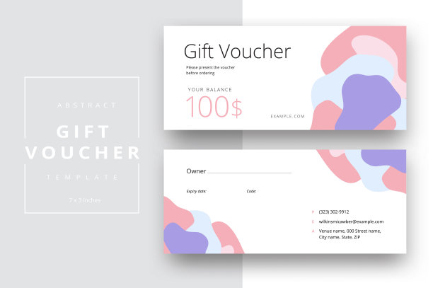 摘要礼品券卡模板。现代折扣券或证书布局与几何形状的图案。向量时尚明亮的背景设计与信息样本文本。图片下载