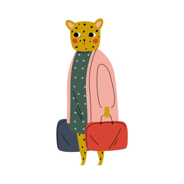 可爱的女虎游客手提箱，有趣的人性化动物卡通人物与行李去度假矢量插图图片下载