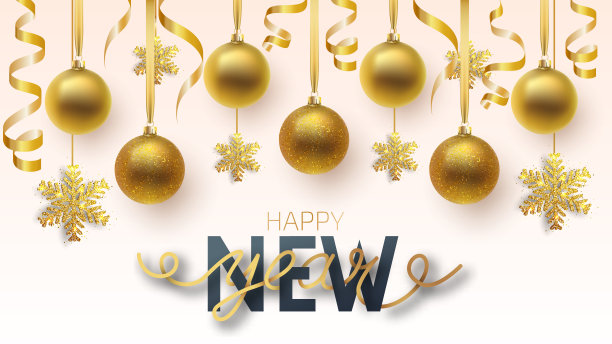 贺卡，2020年新年快乐和圣诞邀请。金属金色和雪花圣诞球，装饰品，在白色背景上闪闪发光的五彩纸屑。矢量图图片下载