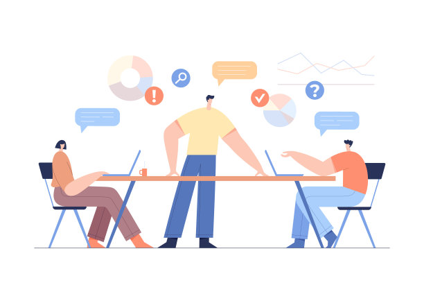 办公室工作理念，团队合作。现代商人的性格，公司头脑风暴，图表和分析数据。平面向量插图。素材图片