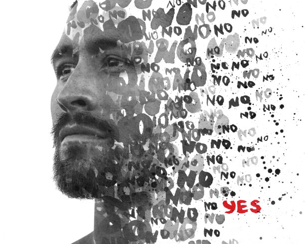 双重曝光。Paintography。男人的肖像结合手绘的字NO重复和一个YES在红色图片下载