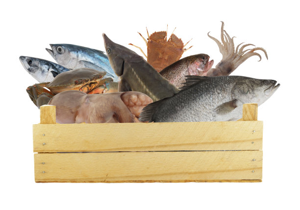 木箱里的海鲜被隔离在白色背景上。图片下载