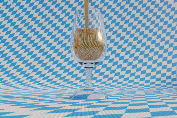 在巴伐利亚模式背景上填充啤酒到玻璃的3d渲染图片下载