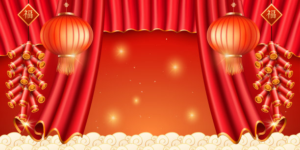 红灯笼和窗帘，燃烧现实的烟花为中国新年。春节couplet-fu。贺卡的装饰或装饰素材图片